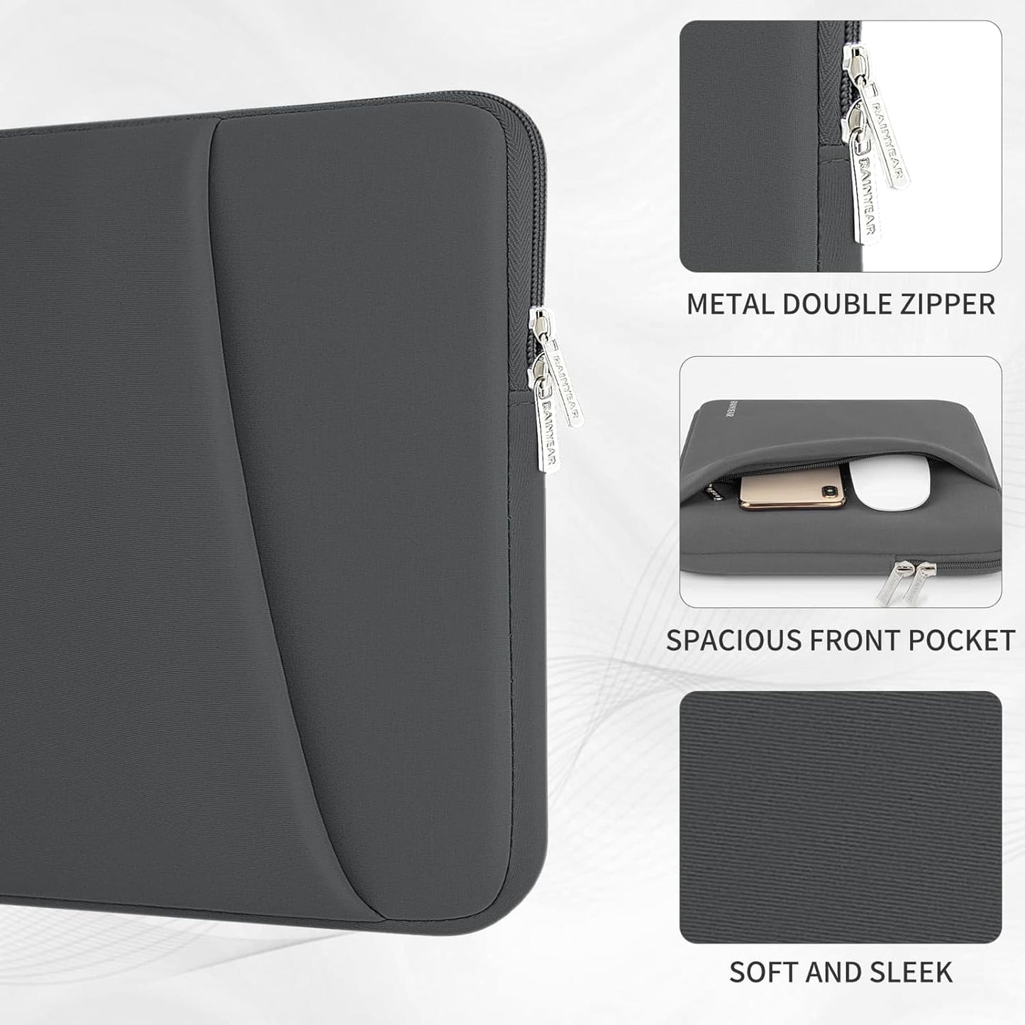 RAINYEAR Laptop Sleeve Case with Front Pocket, 15.6 Inch Protective Portable Case with Front Pocket, Briefcase Laptop Carrying Bag Cover Compatible for HP, Dell, Asus, Lenovo, Notebook, Gray