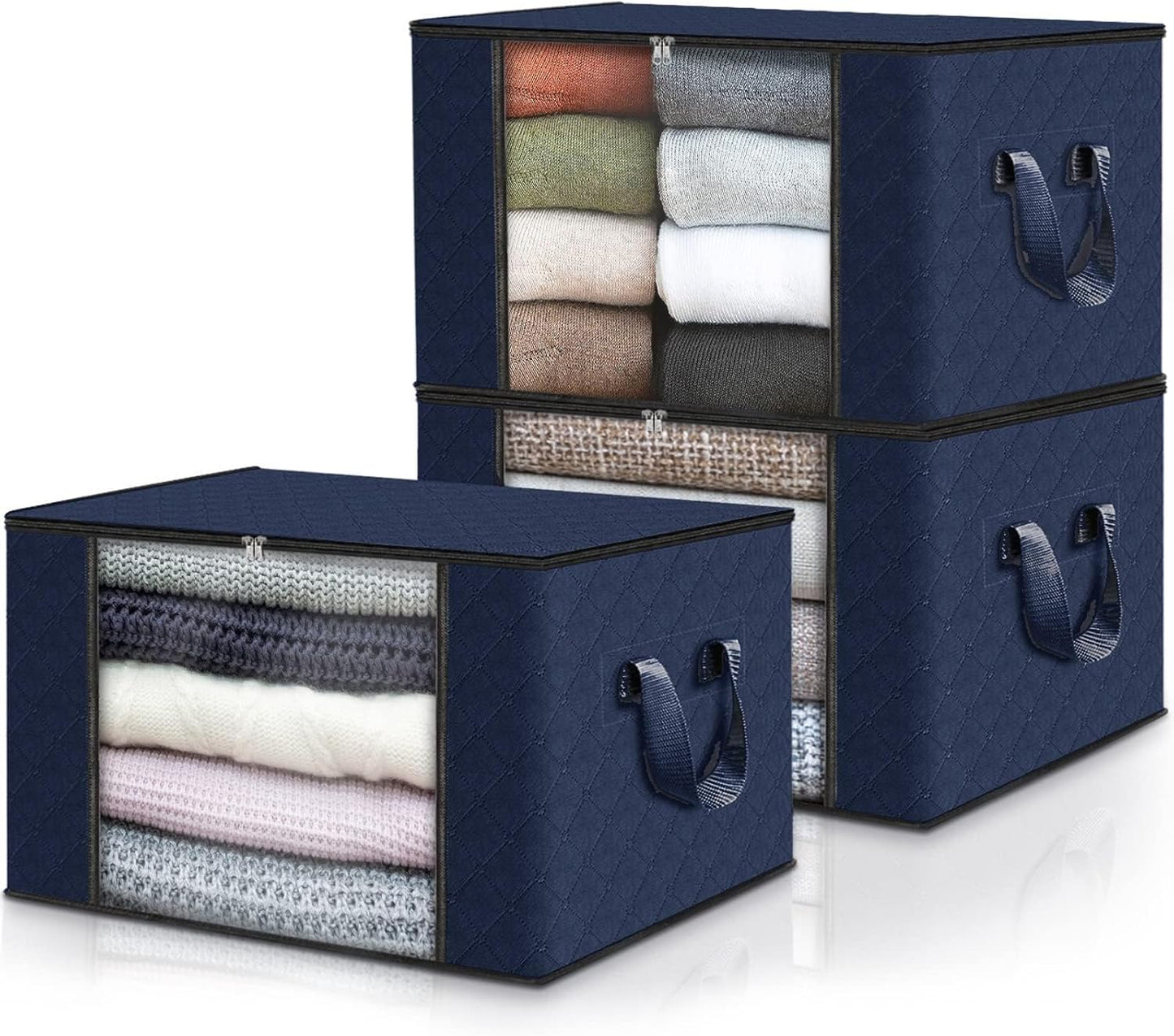 Fab totes 3 Pack Clothes Storage, Foldable Thick Fabric Blanket Storage Bags, Containers for Organizing Bedroom, Closet, Clothing, Comforter,Closet Organization with Handle,Blue