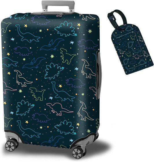 Luggage Cover Suitcase Protector Plus 1 Luggage Tag, Dinosaurs Space Travel Suitcase Cover Suitable for 26-28 inch Luggage (L) with Concealed Zipper Washable Elastic Cloth Dustproof Anti-Scratch