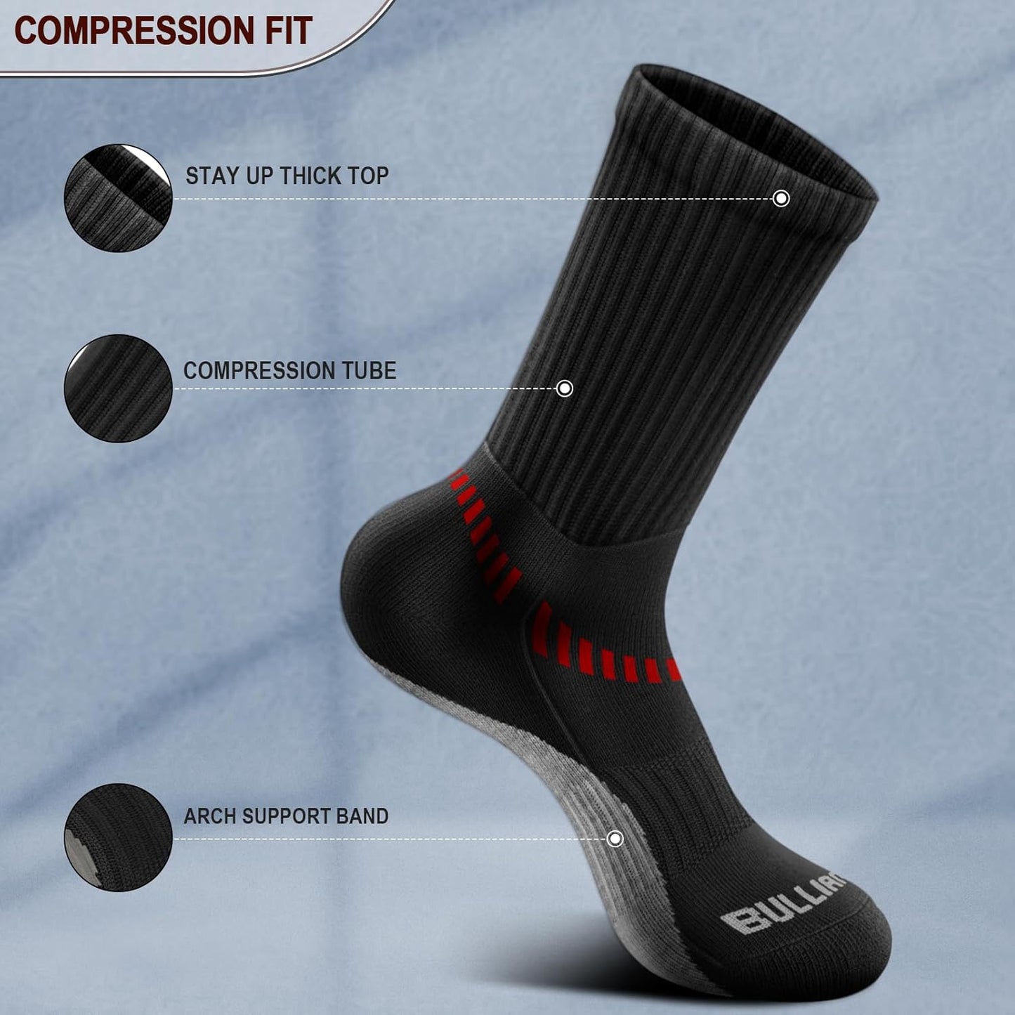 BULLIANT Compression Socks for Men 6Pairs, Athletic Crew Socks Cushioned For Men Sports Running-Arch Support