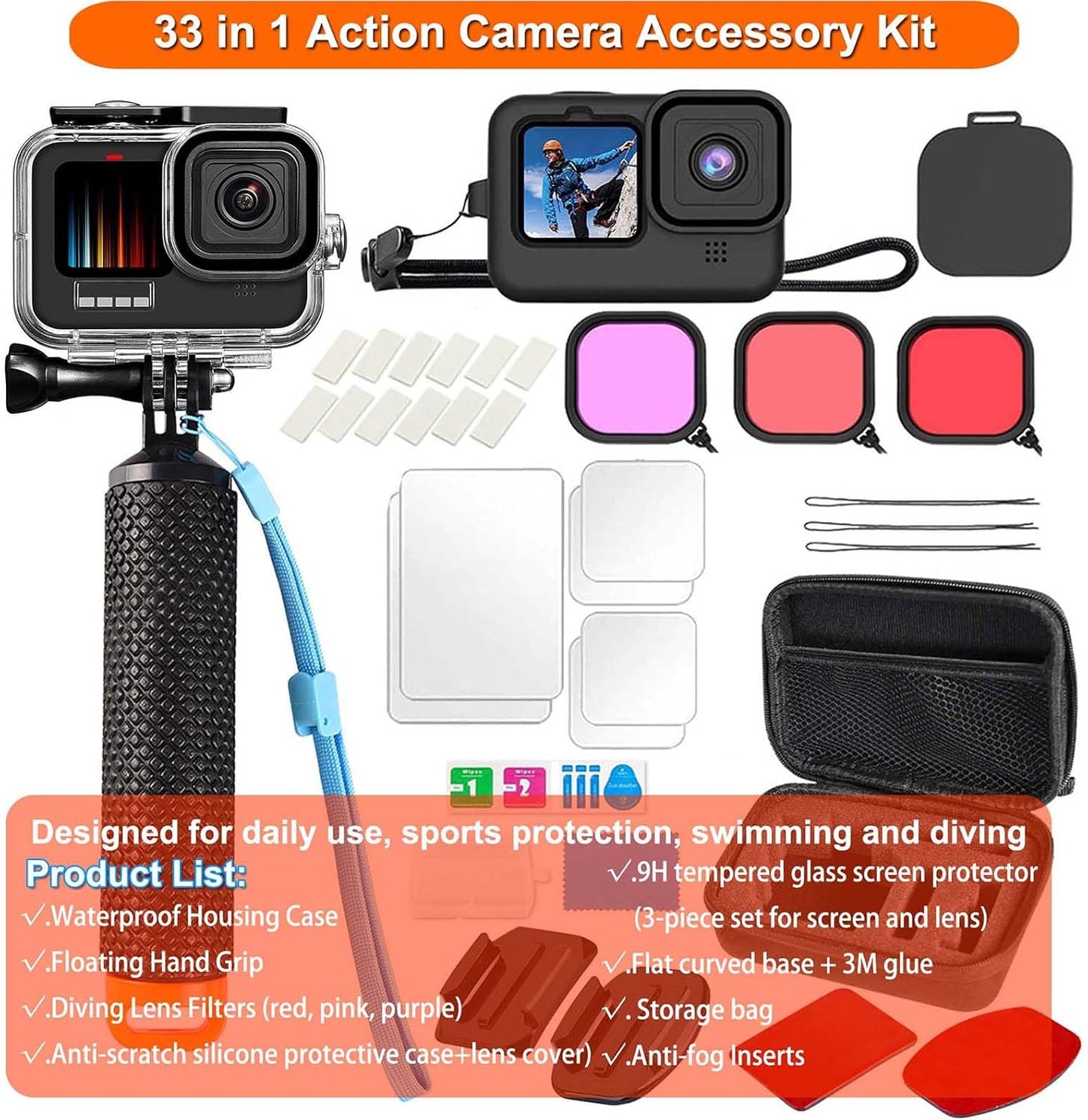 Compatible for Go Pro Hero 13 12 11 10 9 Black Waterproof Housing Case 60M/196FT Protective Underwater Diving Case Shell with Cameras Handle Mount Accessories Kit