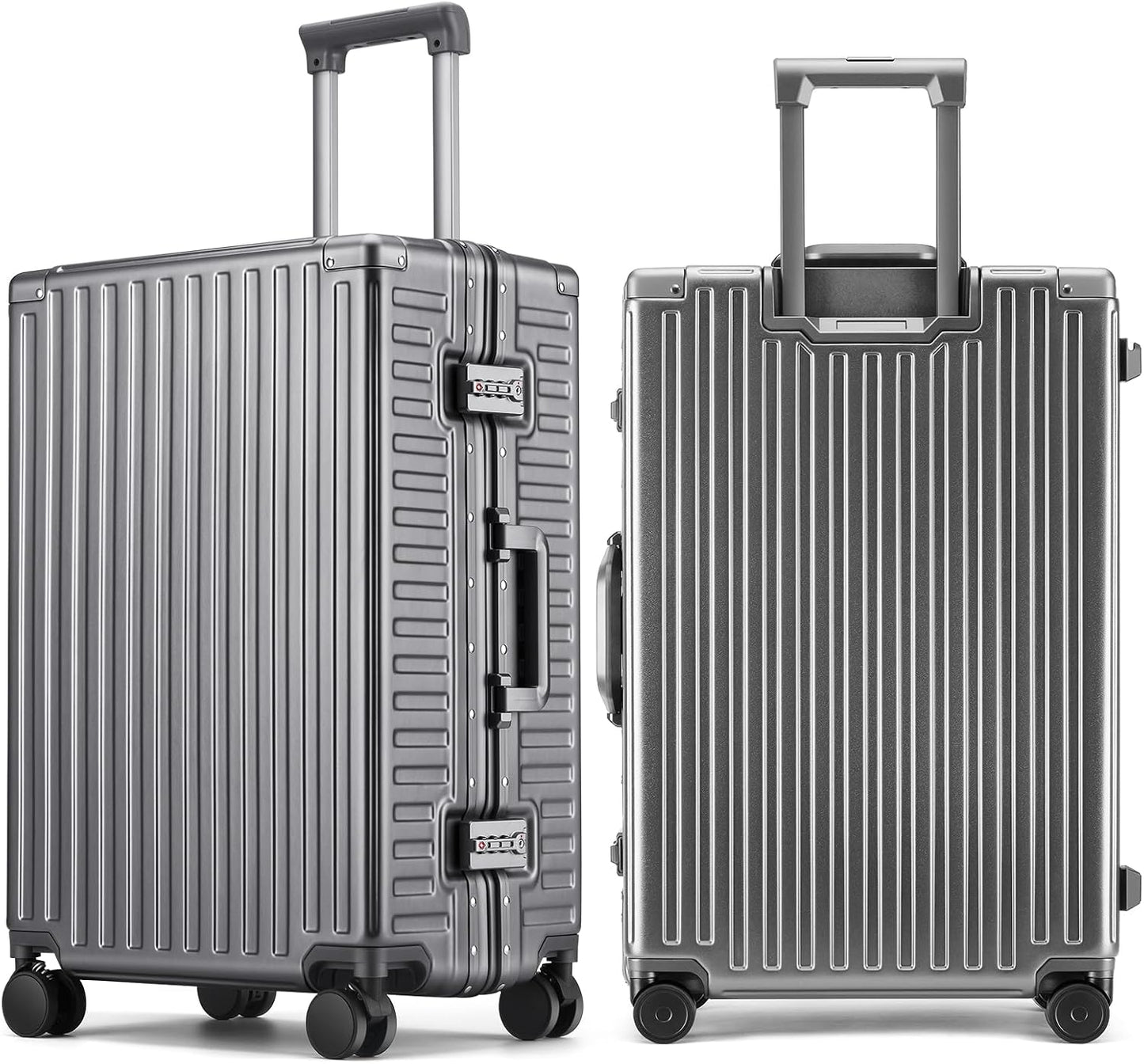 ROAMING Zipperless Luggage 24 Inch with Aluminum Frame, 3-Layer PC Trunk-Medium Lightweight Hard Shell Suitcase with Spinner Wheels, Metal Travel Luggage with Double TSA Locks, gray