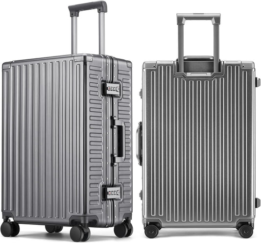ROAMING Zipperless Luggage 24 Inch with Aluminum Frame, 3-Layer PC Trunk-Medium Lightweight Hard Shell Suitcase with Spinner Wheels, Metal Travel Luggage with Double TSA Locks, gray
