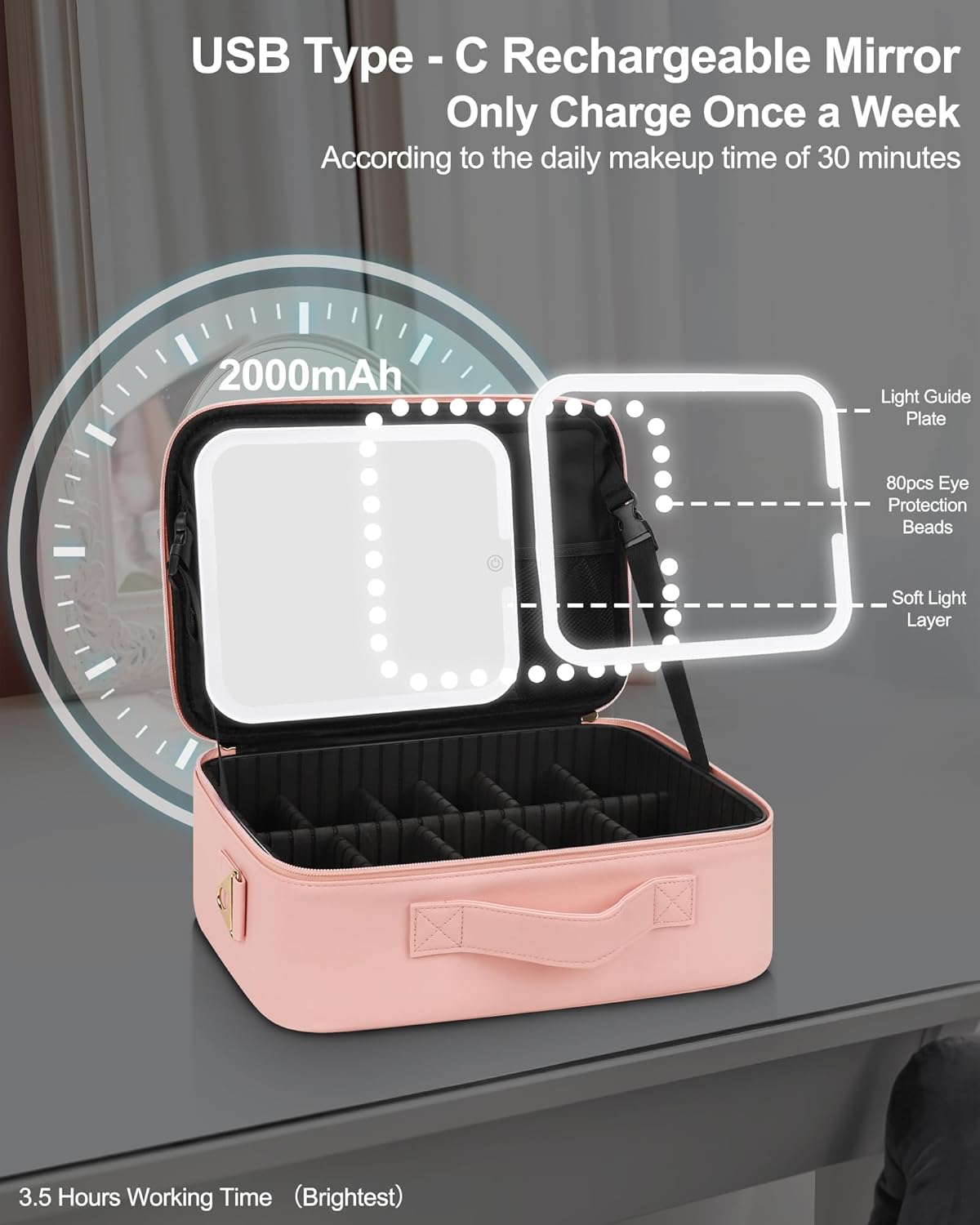 Chomeiu Makeup Bag with LED Mirror, Travel Cosmetic Train Case for Women, Makeup Artists Large Organizer Box with Vanity Light Up Mirror, 3 Color Lights, Adjustable Dividers & Shoulder Strap (Black)