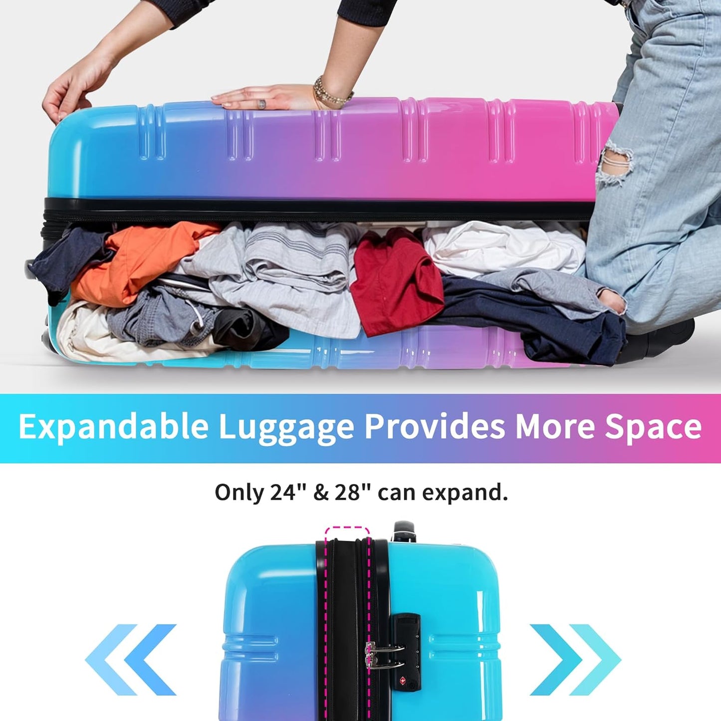Merax Luggage Sets 3 Piece, Hardside Expandable Suitcase Set with Spinner Wheels, Lightweight Gradient Color Luggage 20+24+28 IN, Blue and Red
