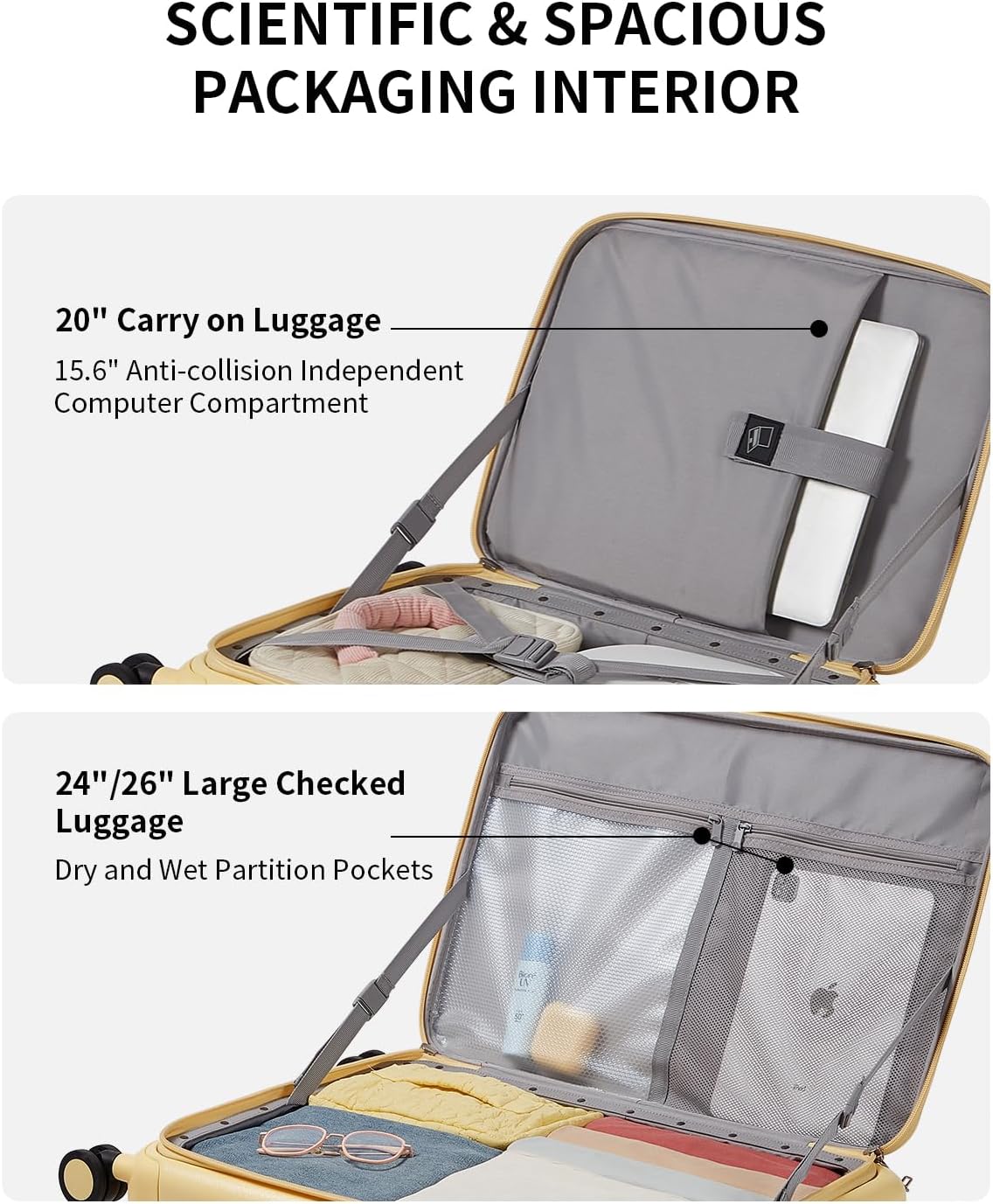 aji Expandable Top Open 26 Inch Checked Luggage with Spinner Wheels, Large Suitcase with TSA Lock, Hardside Travel Luggage Suitcases for Men Women, for 24+Days Travel, Cheese Yellow