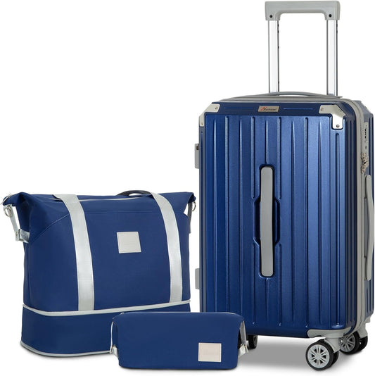 Romswi 3-Piece Carry-On Luggage Set with Cup Holder TSA Lock, 20" Hardside Spinner Suitcase with Duffel Bag, Lightweight Durable PC+ABS Navy Travel Luggage