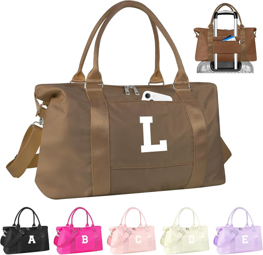 Birthday Graduation Gifts for Daughter,Initial Travel Duffel Bag Sports Gym Bag for Girls Teen Kids Birthday Gifts,Personalized Weekender Bag Carry On Tote Bags Cute Overnight Bag for Women(Brown, L)