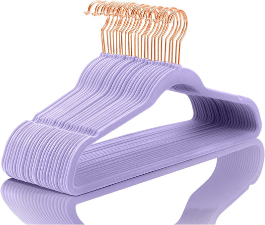 MIZGI Premium Velvet Hangers (50 Pack) Heavy Duty - Non Slip Felt Hangers - Velvet Suit Hanger Light Purple - Rose Gold Hooks,Space Saving Clothes Hanger