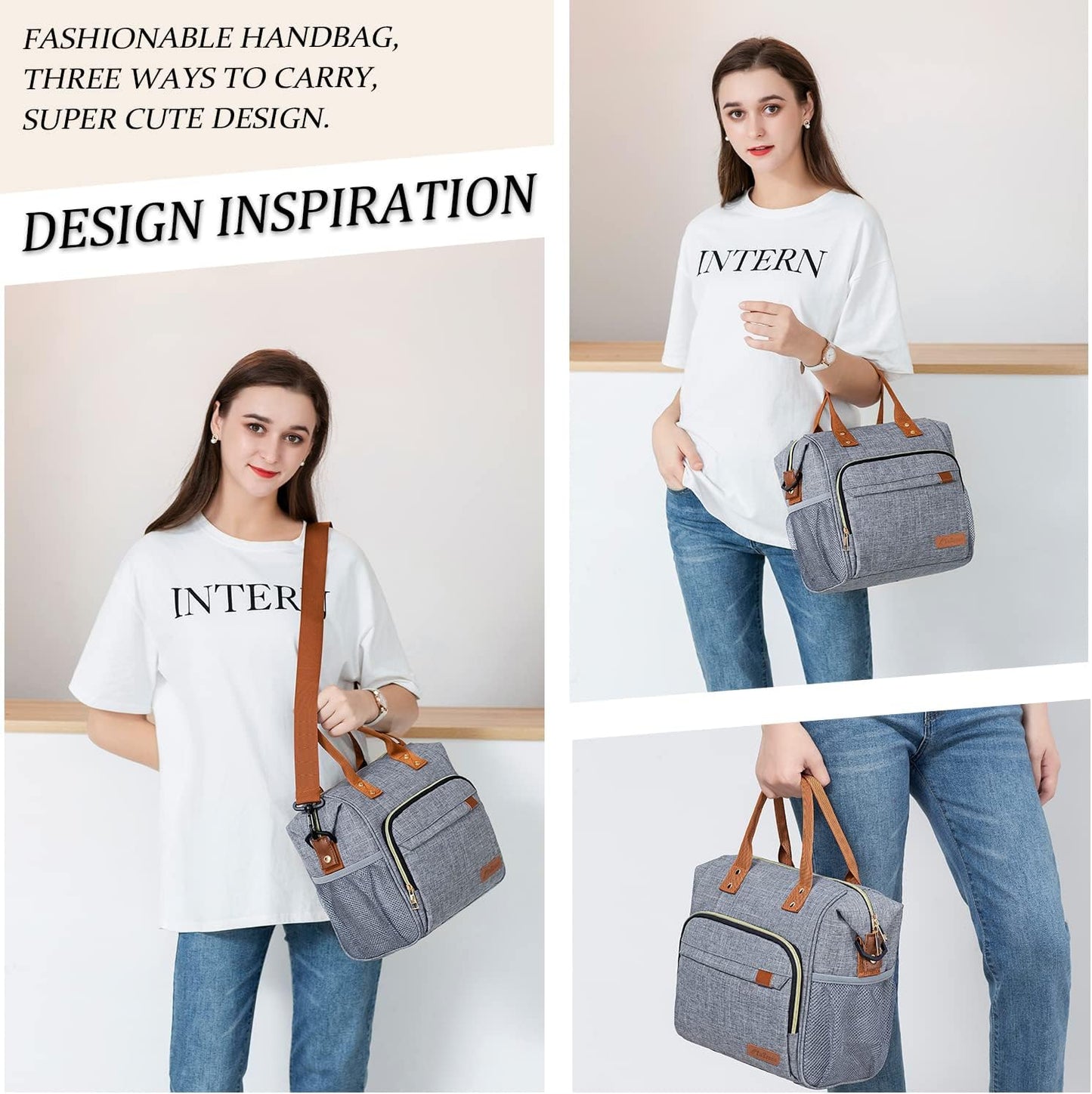 TuErCao Adult Lunch Box - Insulated Lunch Bag Women for Work, Soft Cooler for Beach Travel Picnic, Ladies Lunch Tote Bag for Office, Grey