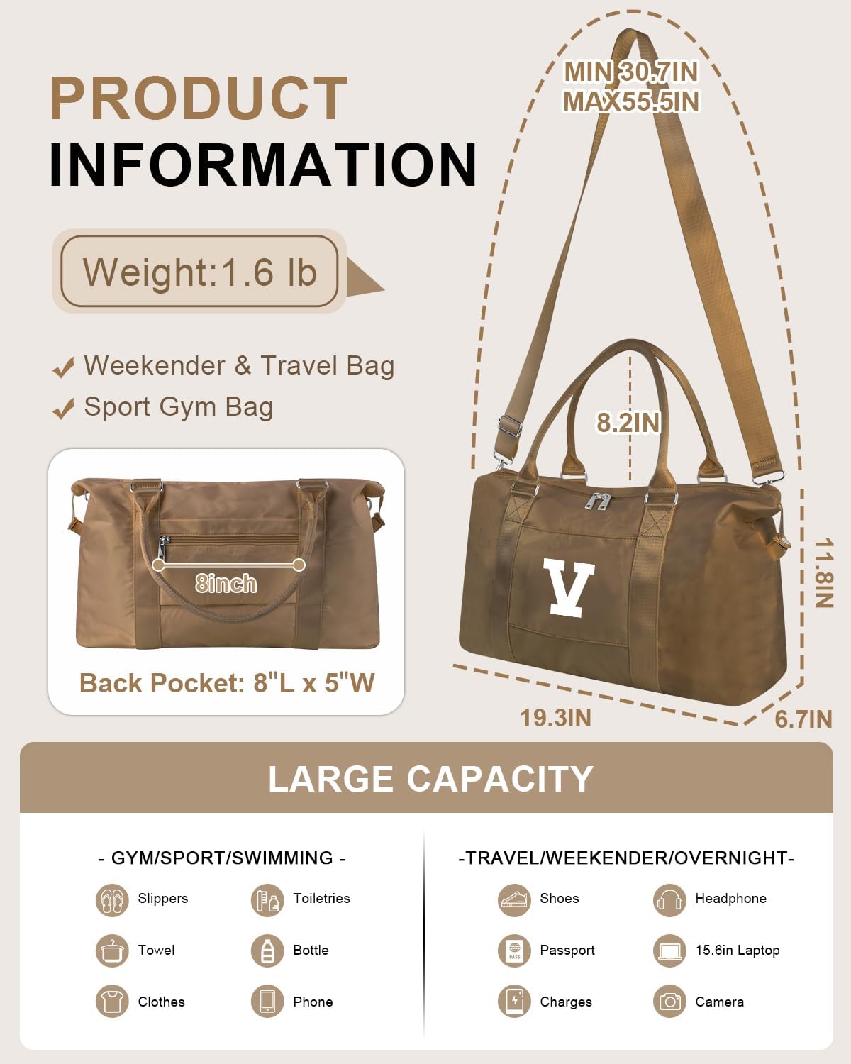Birthday Graduation Gifts for Daughter,Initial Travel Duffel Bag Sports Gym Bag for Girls Teen Kids Birthday Gifts,Personalized Weekender Bag Carry On Tote Bags Cute Overnight Bag for Women(Brown, V)