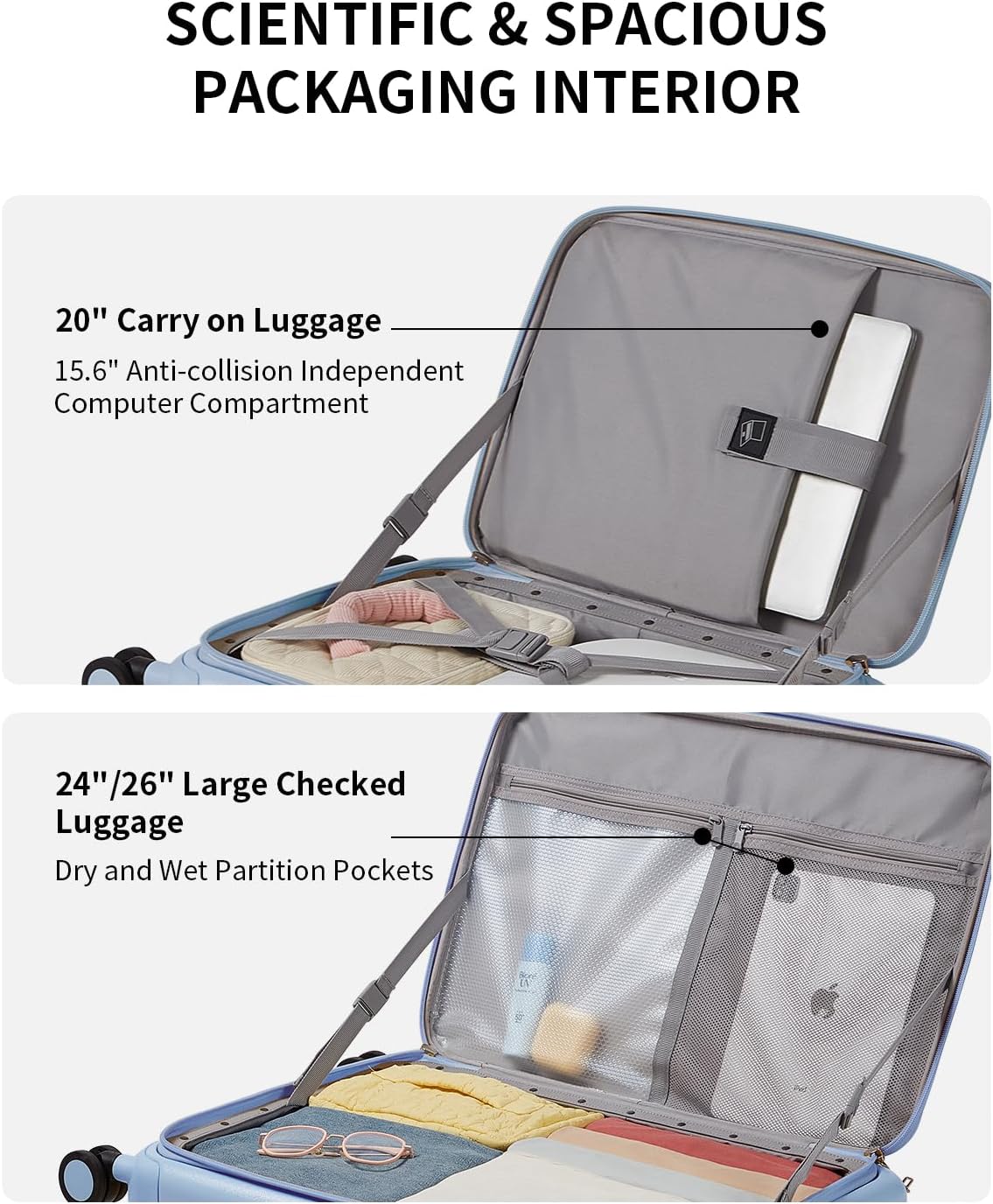 aji Expandable Top Opening Carry On Luggage Airline Approved, 20 Inch Lightweight Hardside Carry On Suitcase with Spinner Wheels, Travel Luggage with Laptop Compartment for Women Men, Blueberry Blue