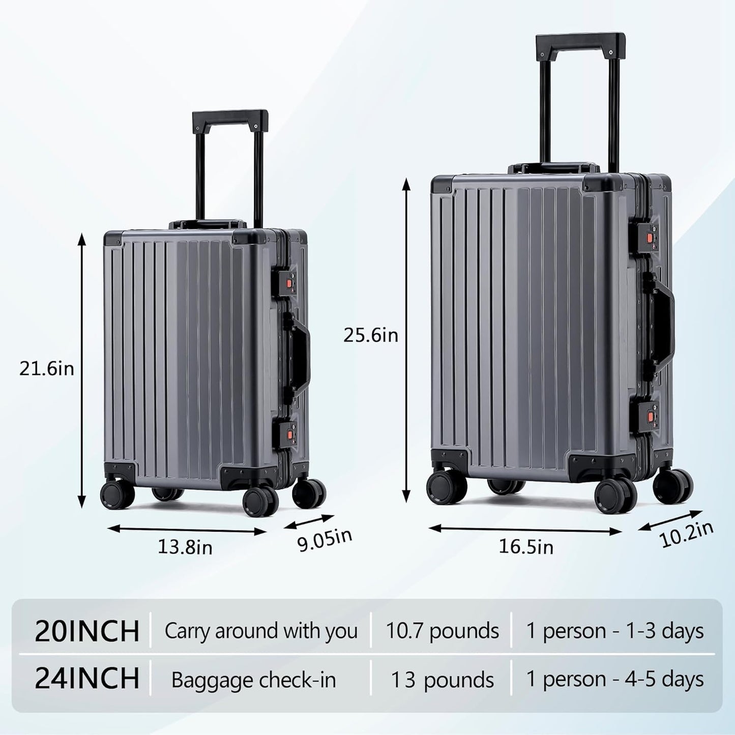 YYW Aluminum Carry-On Luggage Airline Approved Lightweight Suitcase with TSA Lock and Silent Wheels, Hardshell Spinner Business Travel (Gunmetal gray, 24in)