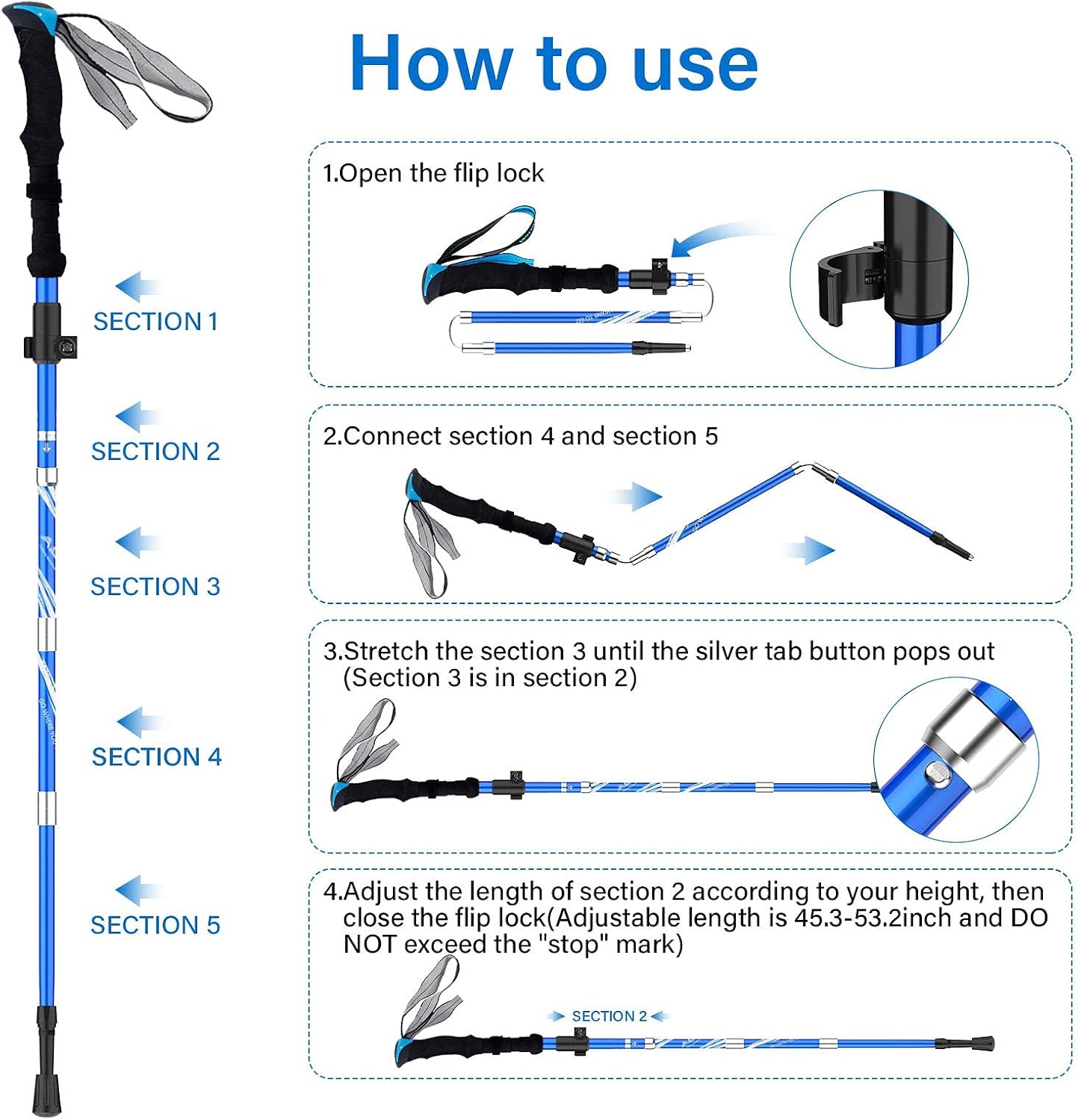 BISINNA Collapsible Trekking Hiking Poles- 2 Pack Folding Aluminum Walking Sticks with Quick Lock System 4 Season Accessories,Telescopic, Adjustable, Lightweight for Men Women
