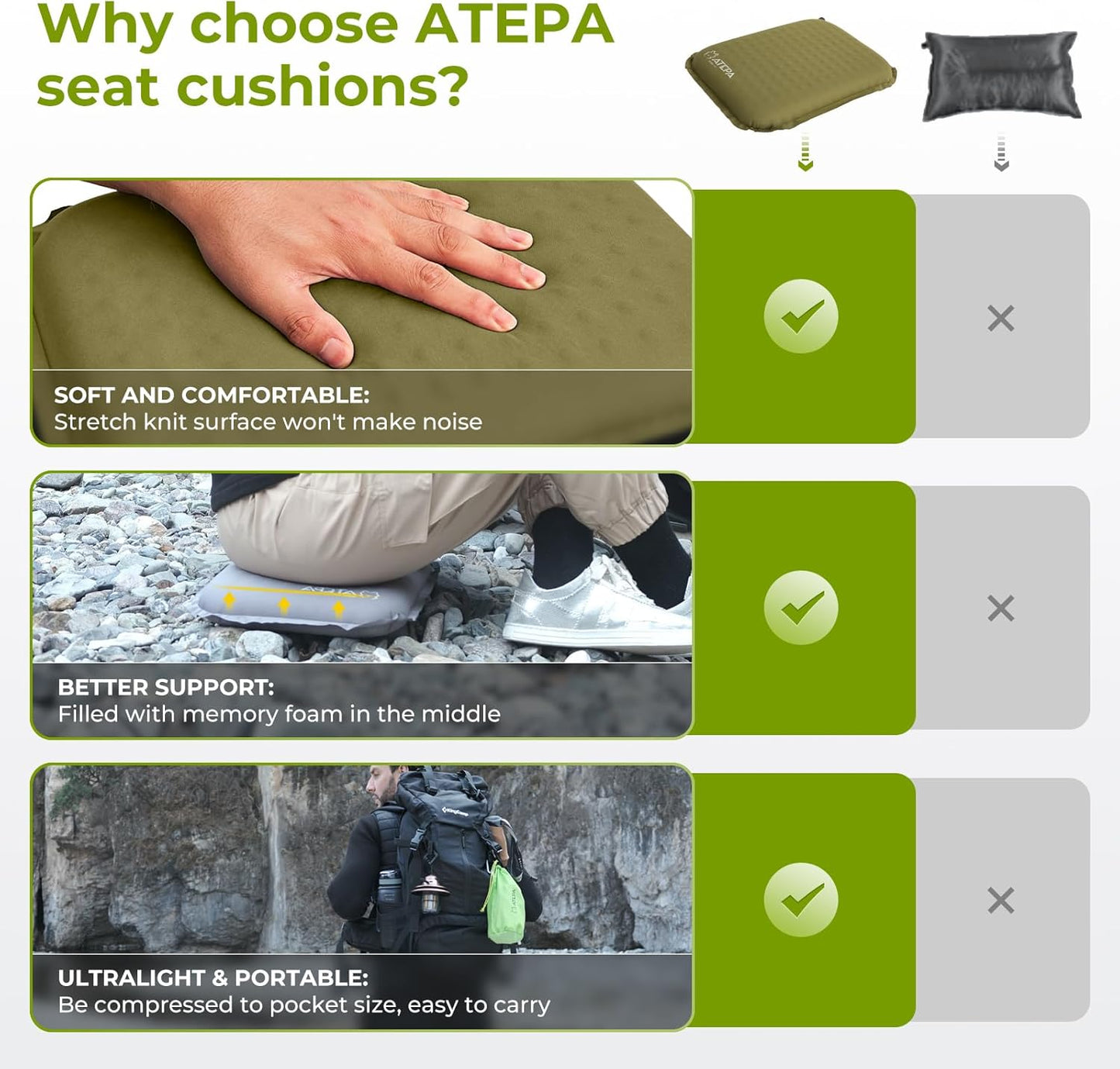 ATEPA Inflatable Stadium Seat Cushion, Self-Inflating Memory Foam Stadium Seats Bleacher Seat Chair Cushion Pad for Airplane Travel Backpacking Sports Events