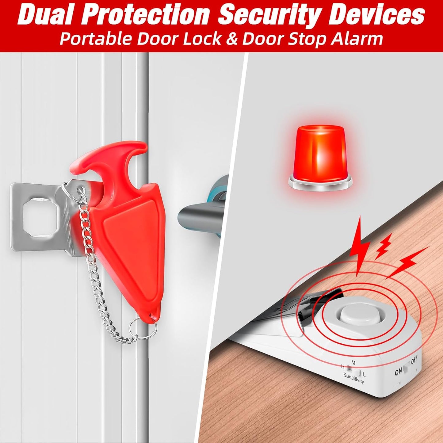 Portable Door Stop Alarm and Traveling Hotel Door Lock, No Installation Required, Provides Double Security for Home, Hotel and Traveling (2 Door Lock + 3 Door Stop)