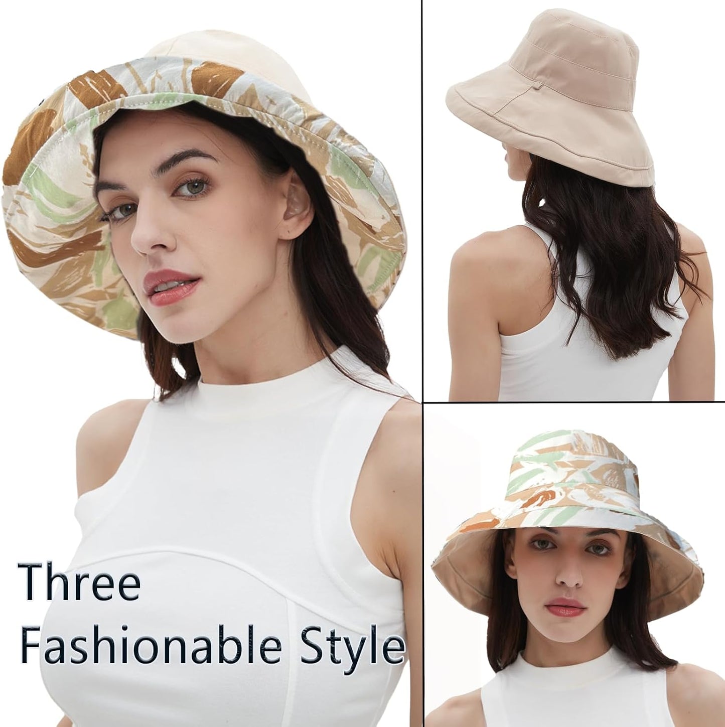 vidsel Womens Sun Hats Wide Brim Reversible Bucket Cotton Hat Packable Summer Travel Cap with Hat Clip,UV Protection