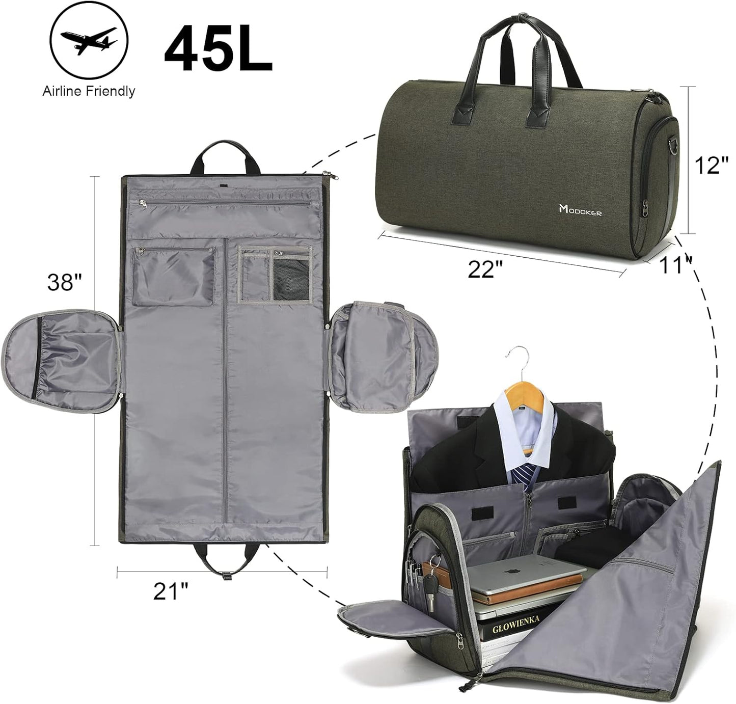 Convertible Garment Bag with Shoulder Strap, Modoker Carry on Garment Duffel Bag for Men Women - 2 in 1 Hanging Suitcase Suit Travel Bags,Forest Night