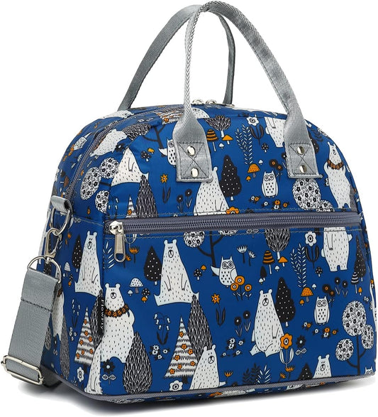 FlowFly Insulated Lunch Bag With Shoulder Strap for Women, Men, and Kids, Large and Reusable, Handle, Freezable Work and School Travel Tote and Meal Prep Organizer,Owl