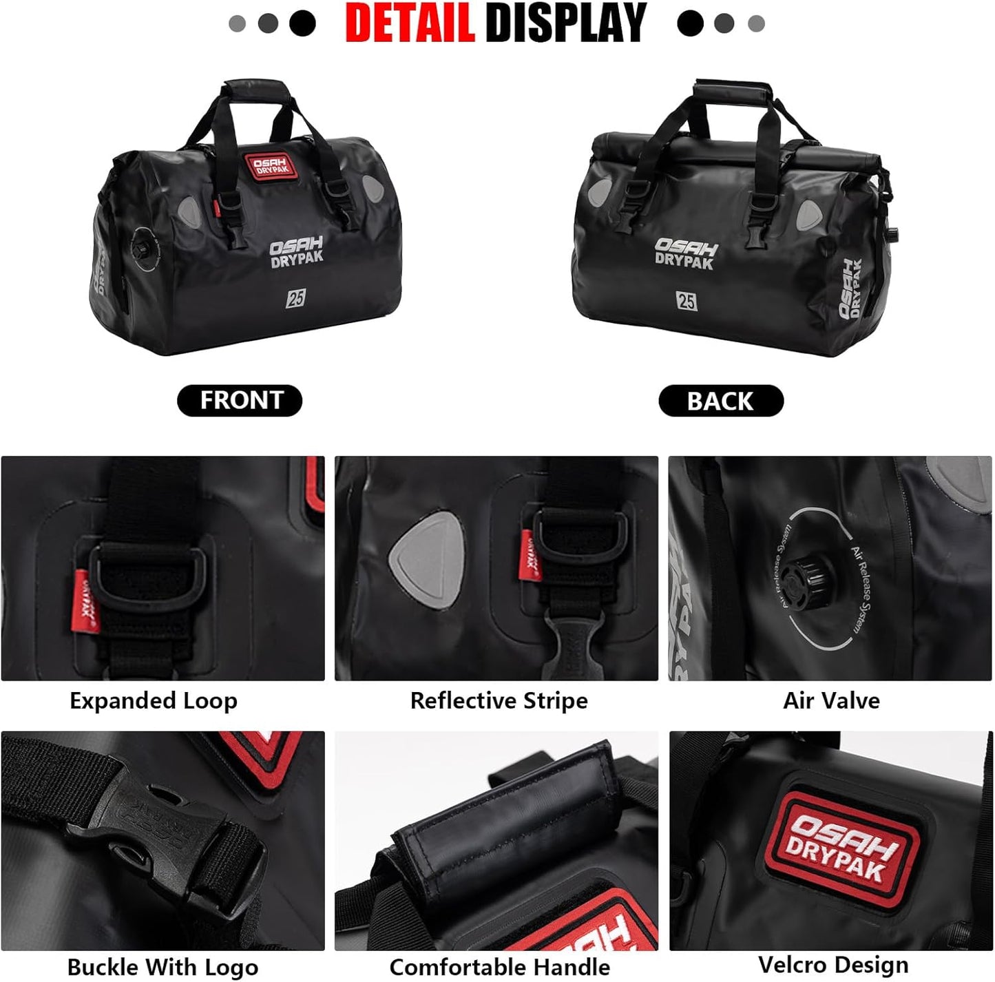 Waterproof Duffel& Luggage Bag - Motorcycle Dry Bag Tail Saddle Bags with Roll Top Closure,Large Storage Space,for Camping, Kayaking, Fishing & Traveling(SkyBlack, 25L)