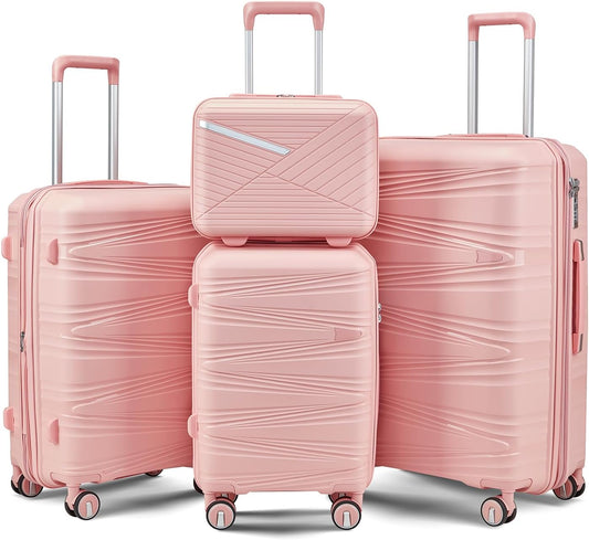 Campfun Luggage 4 Piece Sets, Expandable Carry On Luggage Set Hardshell PP, Suitcase Set with Double Spinner Wheels, Checked Durable Lightweight with TSA Lock, 14in 20in 24in 28in-Pink(C)