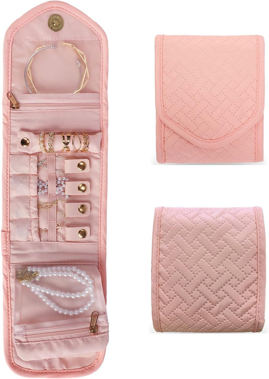 emissary Small Jewelry Travel Case Organizer for Necklace, Earrings, Rings, Bracelet, Jewelry Storage, Earring Storage, Necklace Storage, Valentines Day Gifts Pouch Bag Accessories for Travel (Pink)