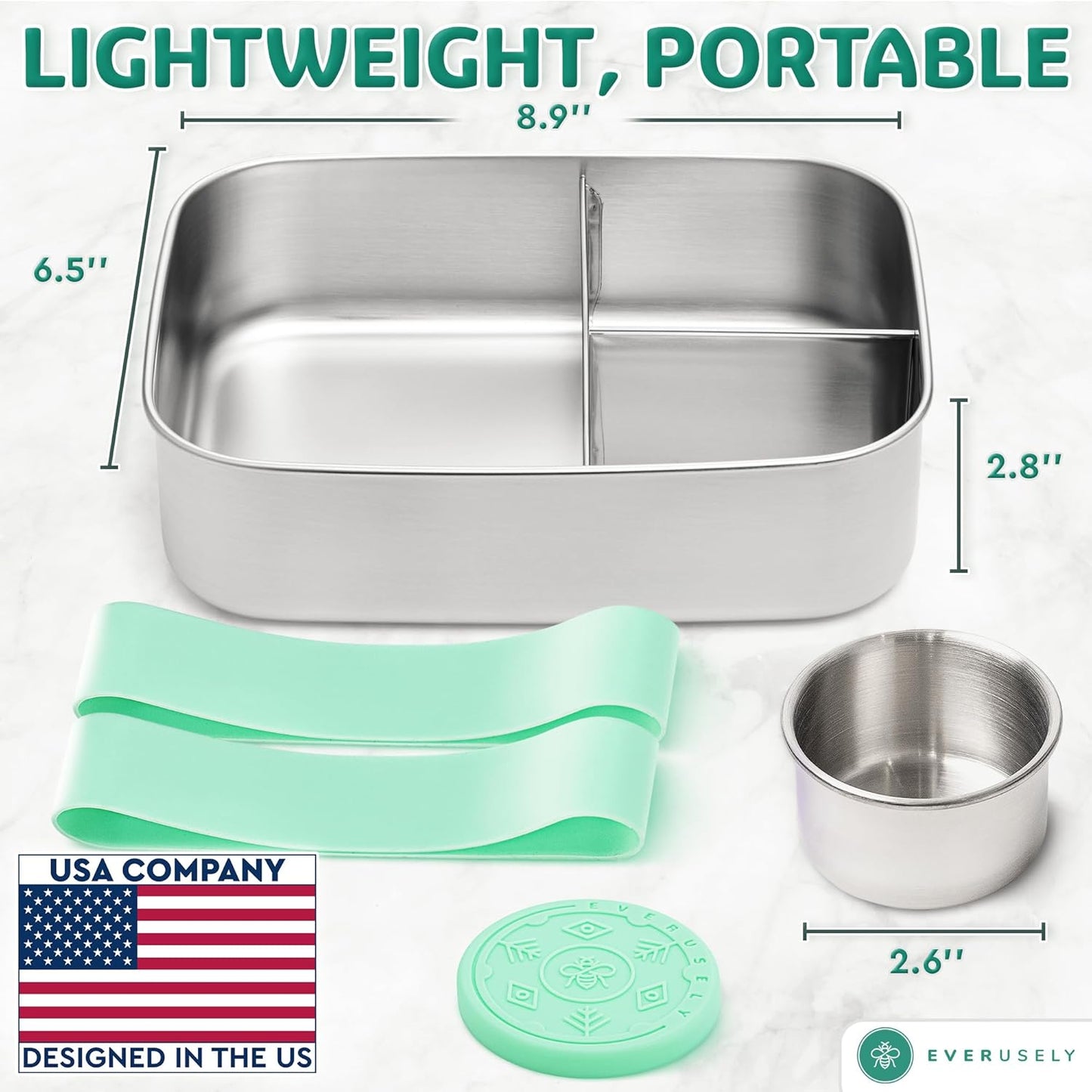 Everusely - Bento Box - Green, 60oz / 1.8 L - Stainless Steel Lunch Box with Leakproof Condiment Container - 3 Compartment Snack Organizer for On the Go Meals - Freezer & Dishwasher Safe