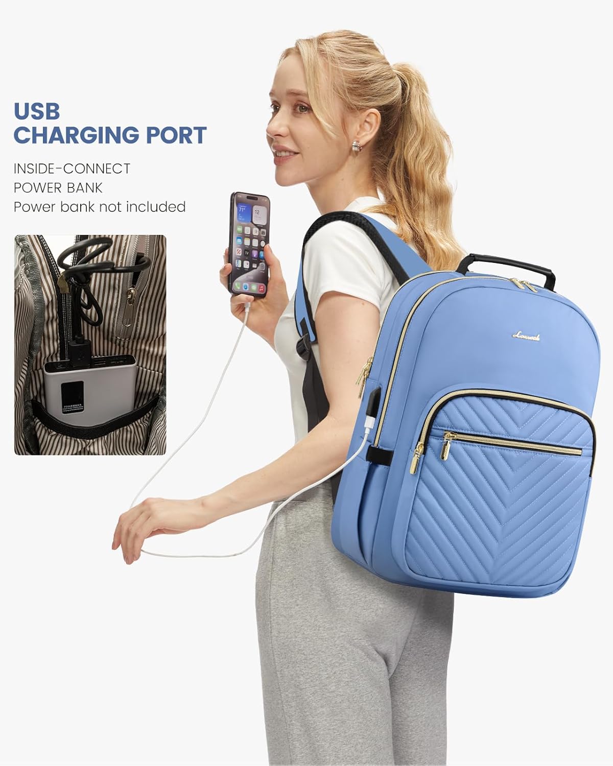 LOVEVOOK Laptop Backpack Purse for Women, Work Business Travel Computer Bags, College Nurse Backpack for Womens, Quilted Casual Daypack with USB Port, Fit 15.6 Inch Laptop, Blue