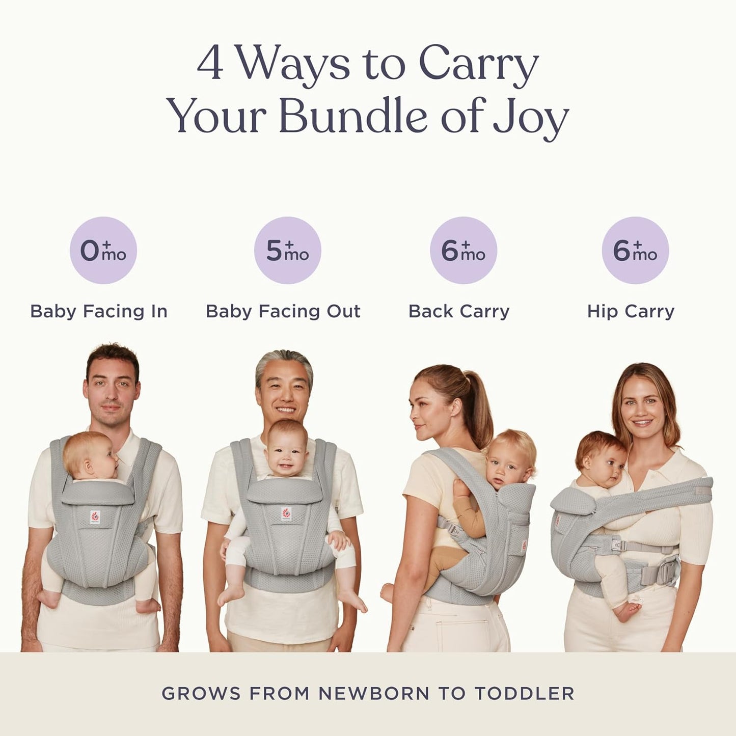 Ergobaby Omni Deluxe Baby Carrier Newborn to Toddler - Breathable Baby Carriers for Summer - All-Position Carrier with Enhanced Lumbar Support & Airflow (7-45 Pounds), Cotton, Pearl Grey