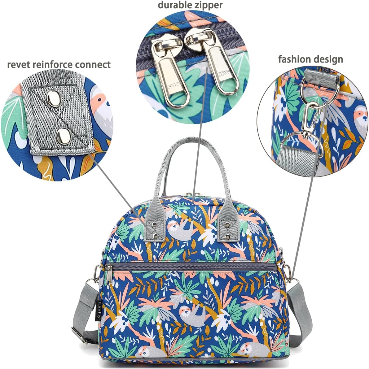 FlowFly Insulated Lunch Bag With Shoulder Strap for Women, Men, and Kids, Large and Reusable, Handle, Freezable Work and School Travel Tote and Meal Prep Organizer,Sloth