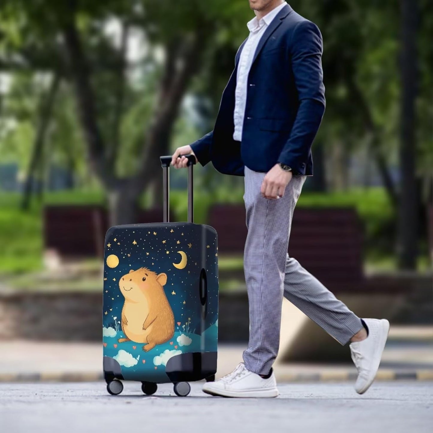 Capybara Suitcase Cover Cute Luggage Cover Protector Invisible Zipper Closure Travel Luggage Protector Fit 18-21 Inch Anti-Scratch Stretchable Suitcase Protector, Moon and Star