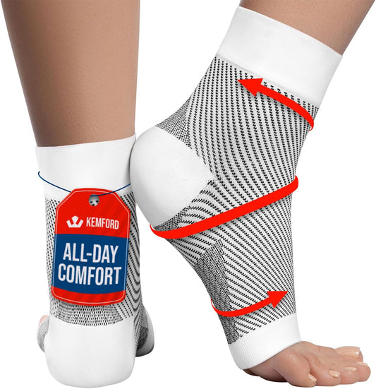 KEMFORD Ankle Compression Sleeve - Plantar Fasciitis Braces - Open Toe Compression Socks for Swelling, Sprain, Neuropathy, Foot Arch Support for Men and Women - 20-30mmhg, L, White and Black