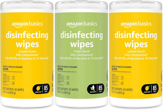 Amazon Basics Disinfecting Wipes, Lemon & Fresh Scent, Sanitizes/Cleans/Disinfects/Deodorizes, 255 Count (3 Packs of 85)