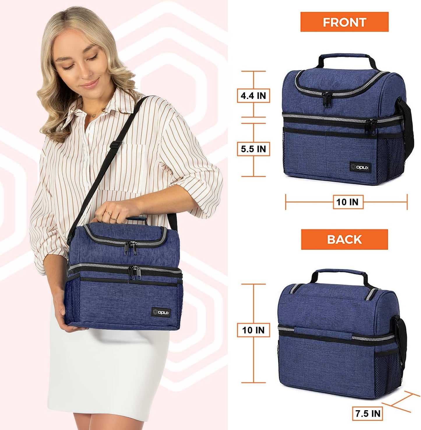 OPUX Lunch Box For Men Women, Insulated Large Lunch Bag Adult Work, Double Decker Lunchbox Meal Prep Dual Compartment Leakproof Lunch Cooler, Soft Lunch Pail Tote Boys Girls Kids School, Navy Blue 12L