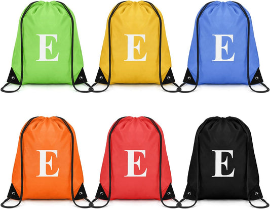 ZOMFELT 6Pcs Drawstring Backpack Drawstring Gym Bags, Foldable Draw String Backpack with Multiple Colors and Letters, Lightweight Polyester Cinch Bag for Gift, Beach, Sports, Travel, Swim (Letter E)