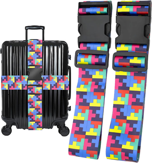 Puzzle Luggage Straps for Suitcases, Adjustable Luggage Travel Belt to Keep Luggage Security While Travel, Strong Polyester Fabric, Easy-to-Recognize Funny Pattern Travel Essentials, 2 Pack