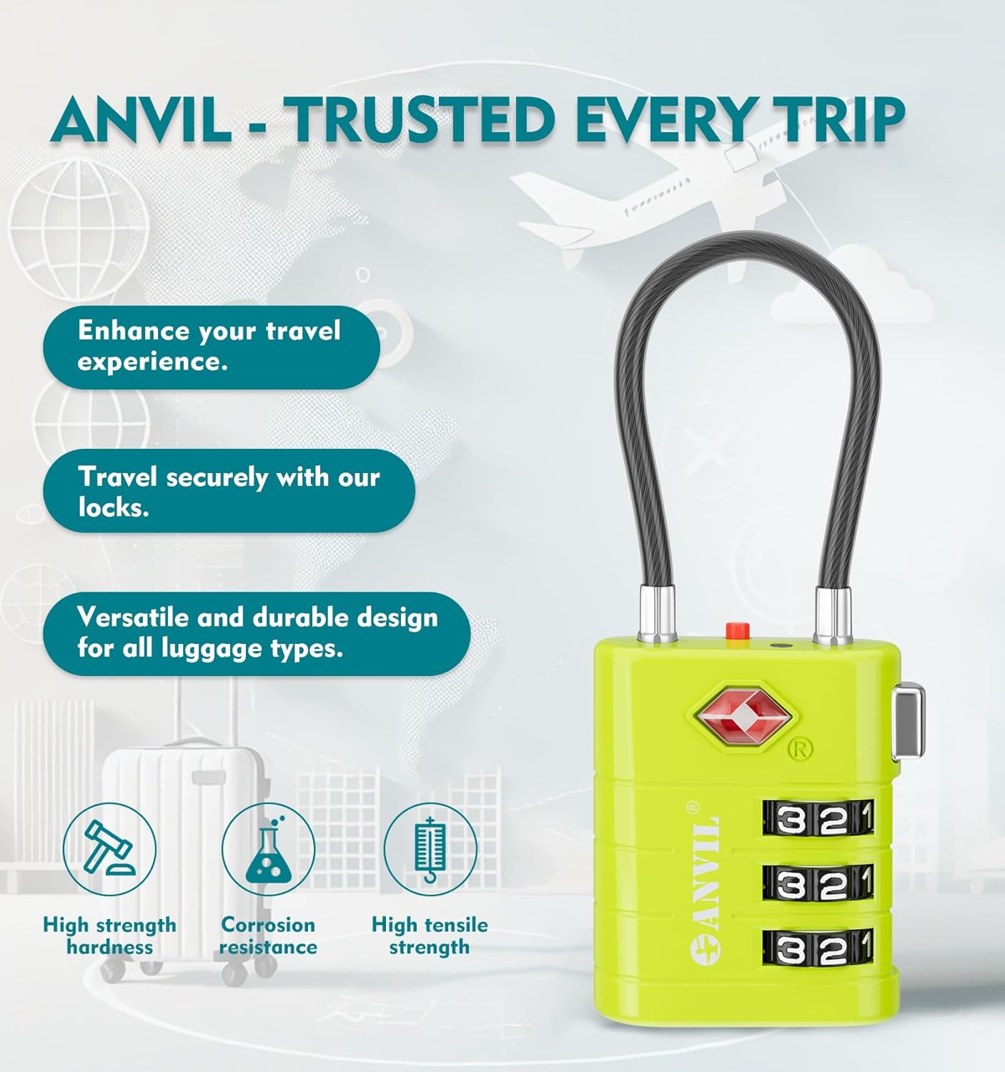 ANVIL TSA Approved Luggage Locks – High Security TSA008 Combination Travel Locks with Inspection Indicator for Suitcases and Backpacks. (4, Grass Green)