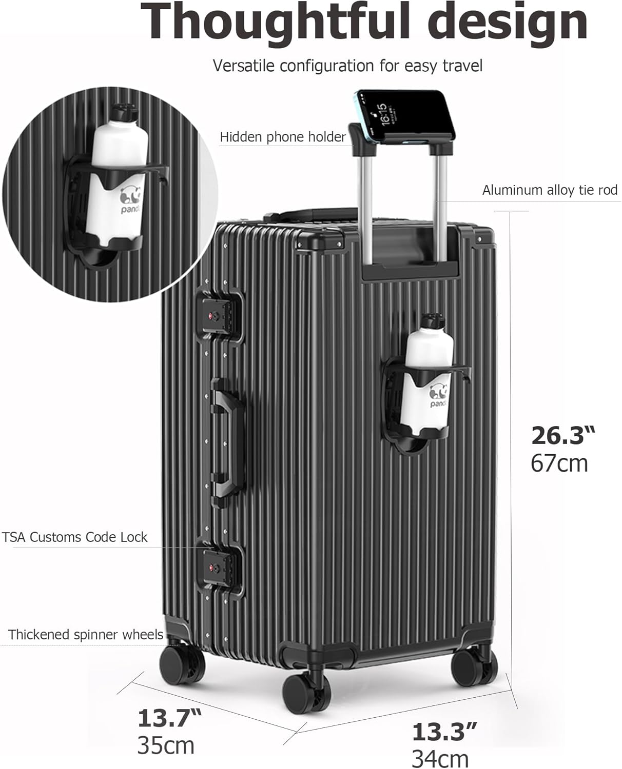 feilario 26in Super Large Captain Aluminum Frame Hardside Spinner Wheels Luggage, Zipperless Checked Suitcase with Cup Holder/Phone Holder