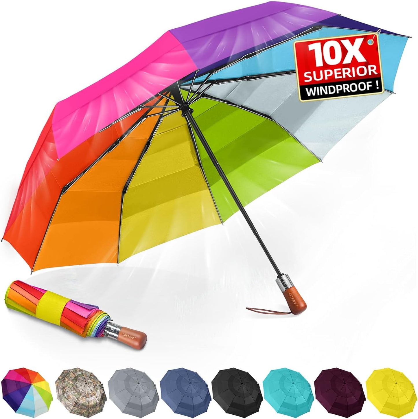 3T Wind Armor Travel Umbrella Compact Easy Auto Open Close Folding Umbrellas for Rain Windproof Umbrella for Women and Men Durable Real Wood Handle Portable Fits Backpack Car