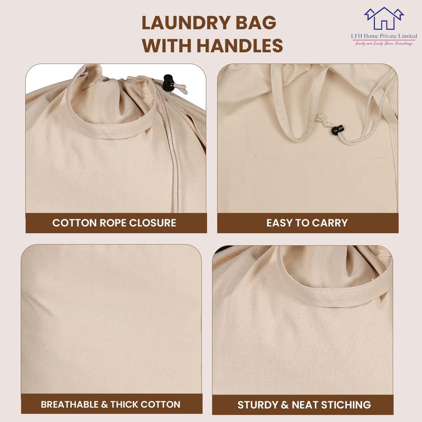 LFH Home Large Premium 100% Cotton Canvas Laundry Bag with Drawstring and Handles Heavy Duty, Multi-Use, and Washable for Home, Travel, College or Storage 28x36 (Pack of 6)-Natural