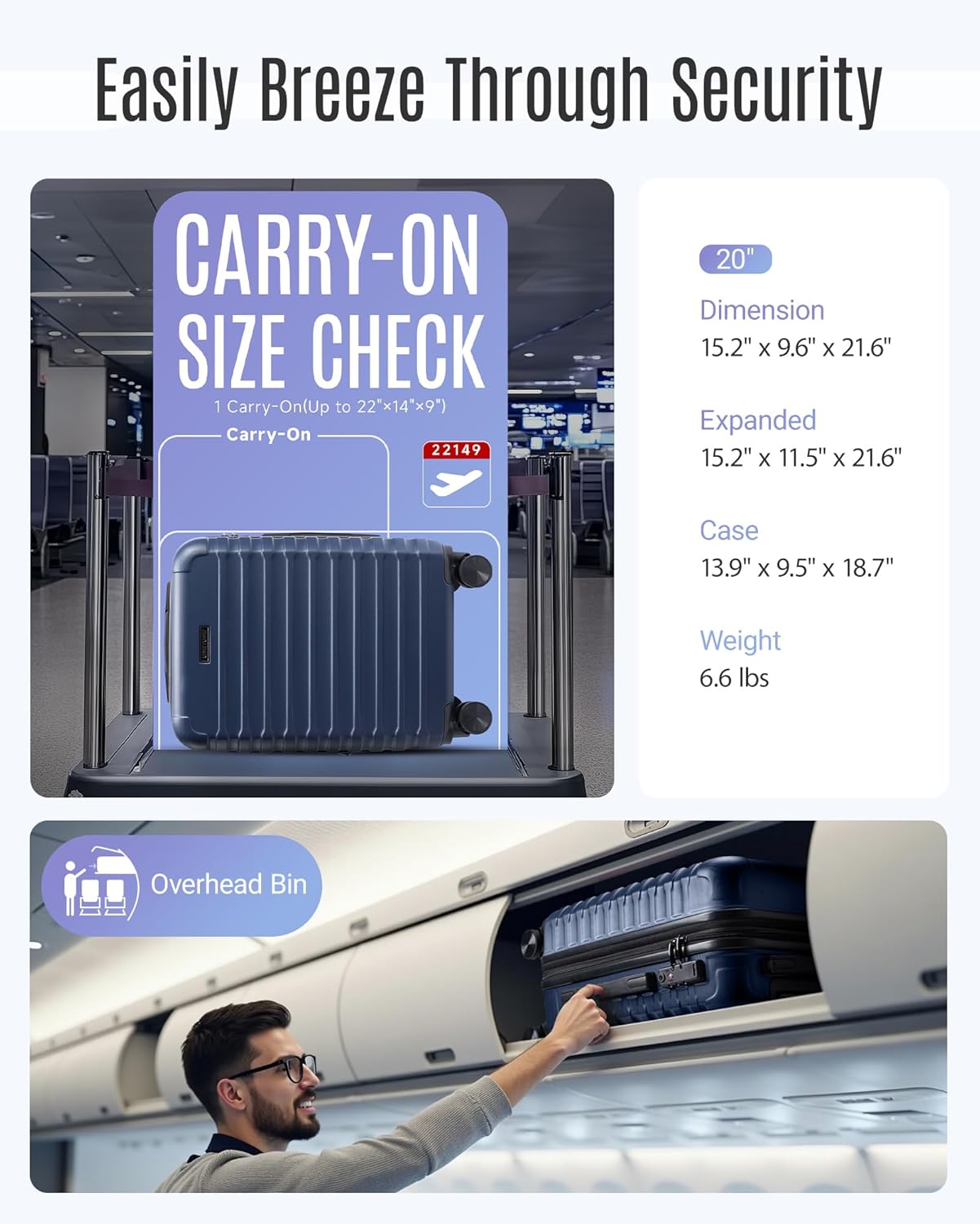 LIGHT FLIGHT Carry On Luggage 22x14x9 Airline Approved, Carry On Suitcases with Wheels, Expandable Hardside Lightweight Rolling Travel Luggage with TSA Lock 20 Inch Carryon, Dark Blue