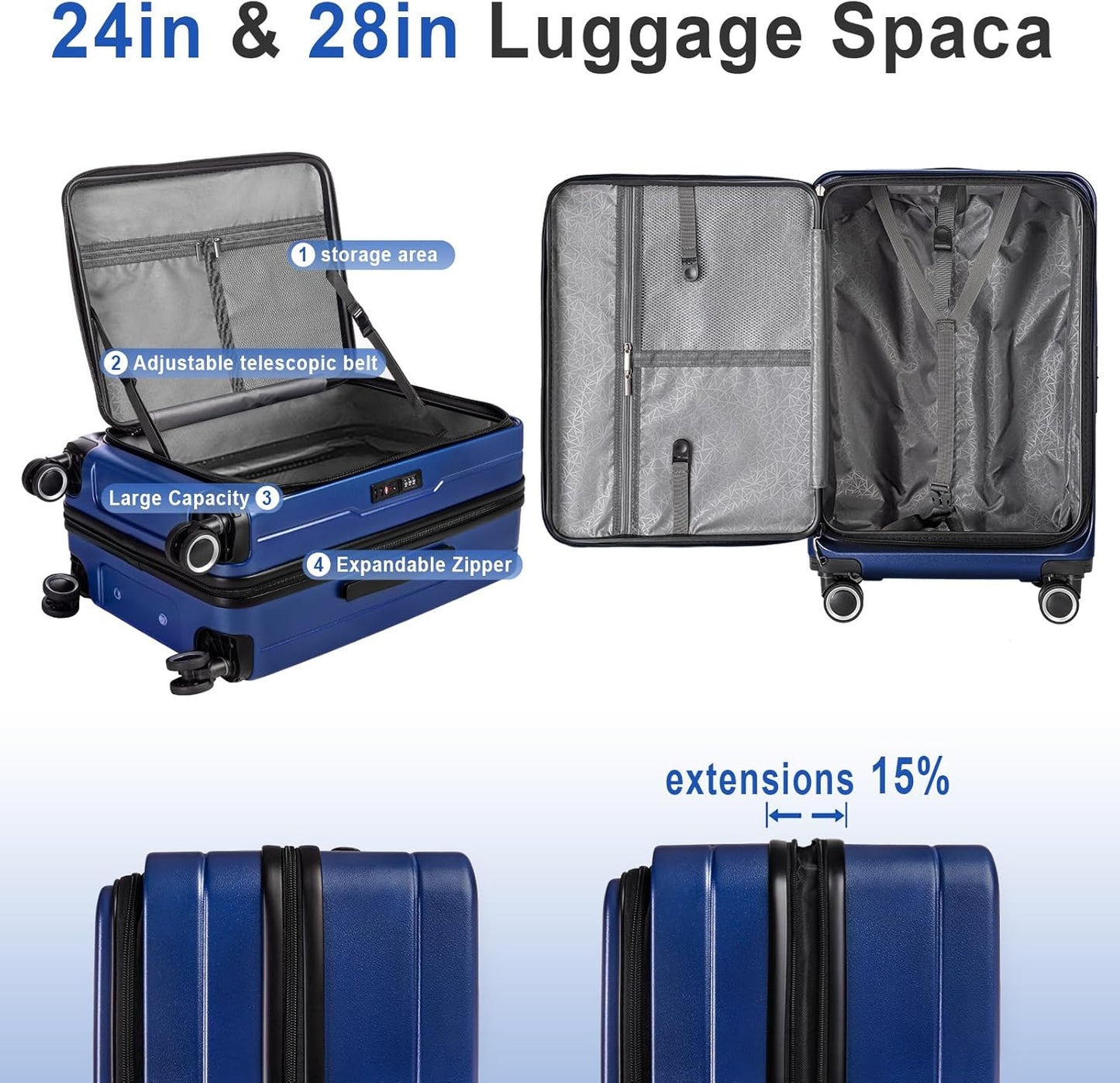 Luggage Sets 3 Piece, ABS Lightweight 20in/24in/28in Luggage, Expandable Carry On Suitcase Set with TSA Lock & Double Wheels, Front Open Hardshell Luggage Sets (Blue)