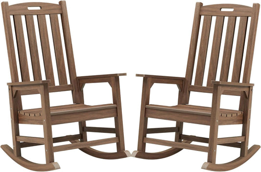 Psilvam Outdoor Rocking Chair Set of 2, Poly Lumber Oversized Rocking Chair with 21" Wide Seat and 32" Tall Backrest, Pre-Assembled with Most Components for Effortless Installation(Bright Brown)