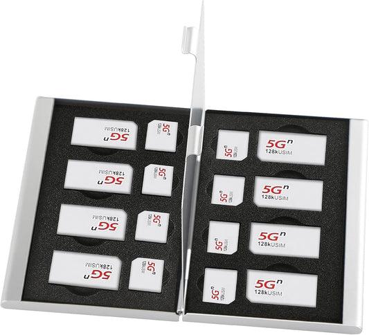 Aluminum SIM Card Case, 16Slots Ultrathin SIM Card Holder, Fit for 8 SIM Card, 8 Micro sim Card, Silver