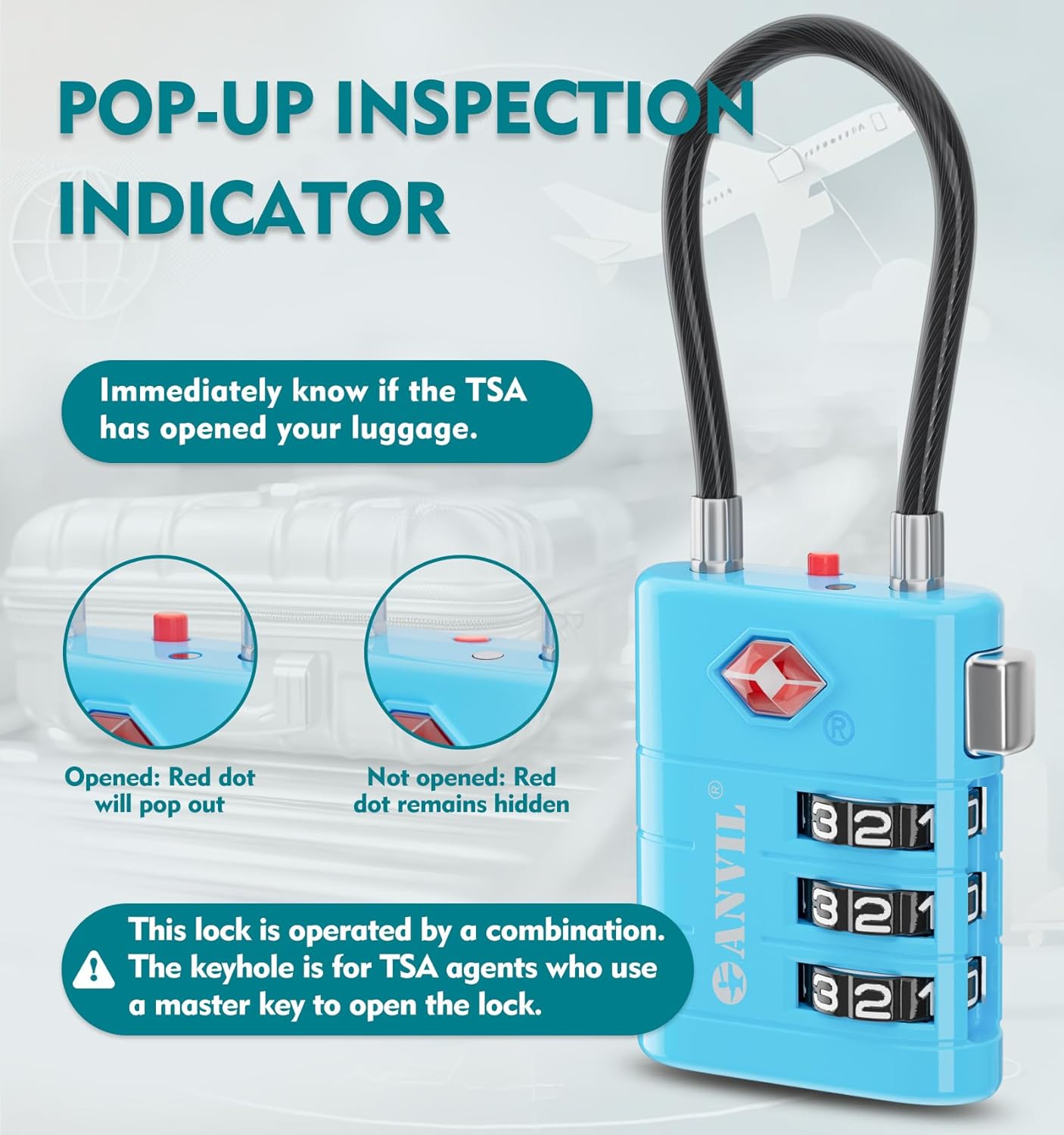 ANVIL TSA Approved Luggage Locks – High Security TSA008 Combination Travel Locks with Inspection Indicator for Suitcases and Backpacks. (3, Bule)
