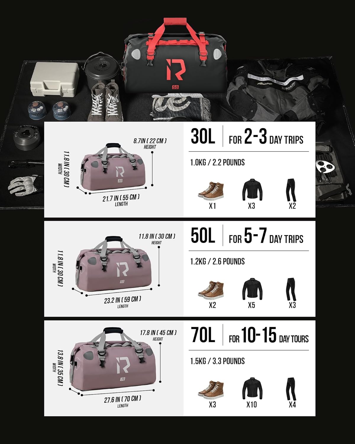 IRON JIA'S Motorcycle Dry Bag - Waterproof Duffle & Luggage Tail Bag Saddle Bags with Roll Top Closure, Shoulder Straps, Inner Pocket and Mesh Pocket (Purple, 30L)