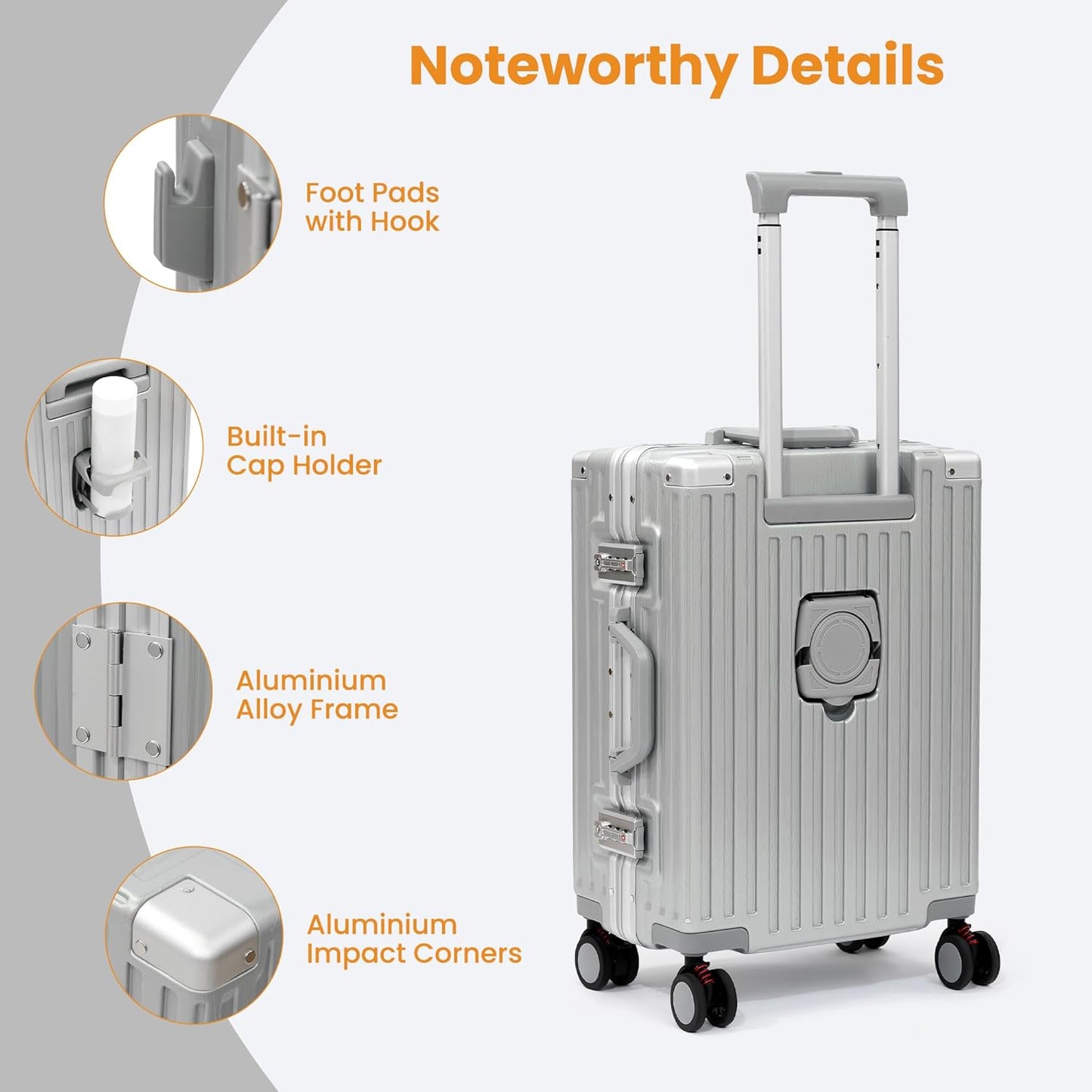 26 Inch Checked Luggage with Spinner Wheels, No Zipper Aluminum Frame Hard Shell Suitcases with TSA Lock, PC+ABS Lightweight Large Suitcase for Travel (Silver)
