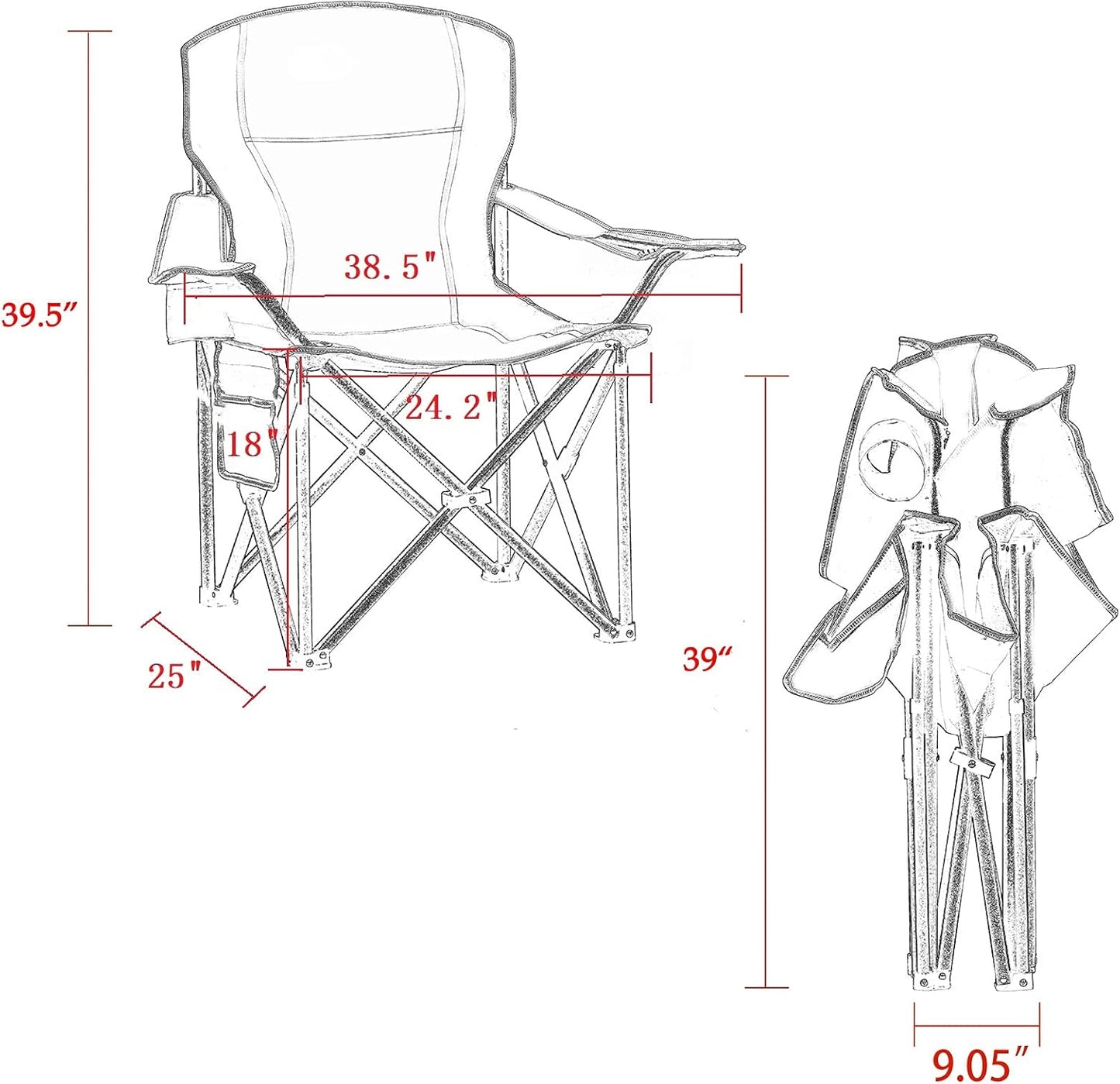 Padded Camping Chairs for Adults, Oversized Folding Outdoor Chairs, Weight Capacity 475lbs, with Cooler Bag, Cup Holder, Storage Pocket Carry Bag (Red - 2 Pack)