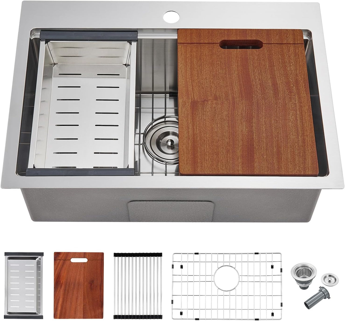 POPFLY 25 Inch Drop In Kitchen Sink, 25×18 Drop In Workstation Sink 18-Gauge 304 Stainless Steel Single Bowl Top mount 9-Inch Deep Handmade Farmhouse Sinks with Cutting Board and Strainer, Brushed