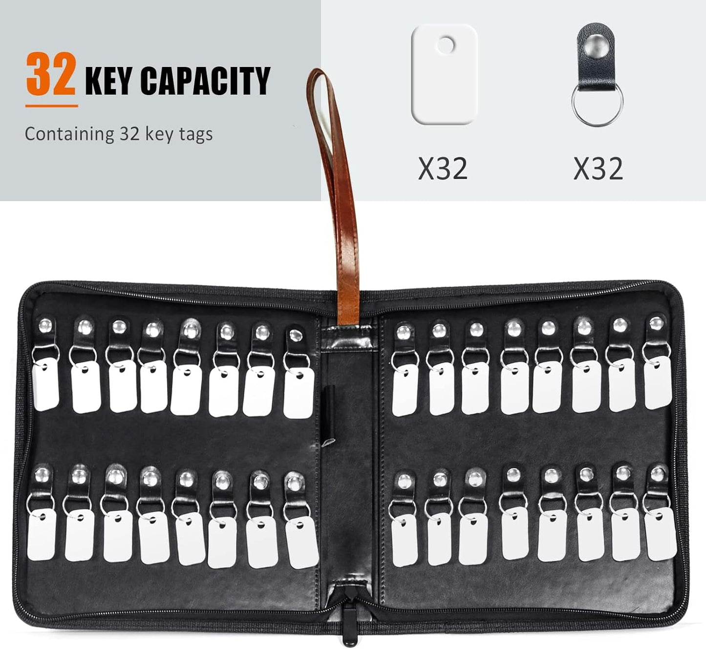 Portable Zippered Key Case, Leather Key Organizer with Handle, 32 Key Capacity, for Real Estate Sales, Hotel Executives, Car Service (Brown)